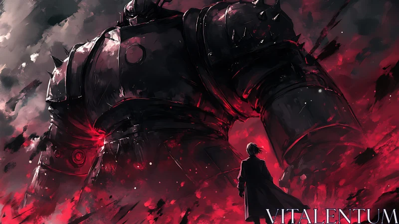 Armored giant towers over lone figure amid red energy field