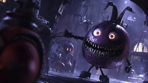 Purple spherical robot in dim industrial interior.