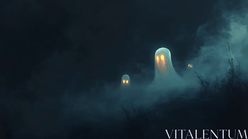 Glowing ghosts drift through dense fog in dark landscape.