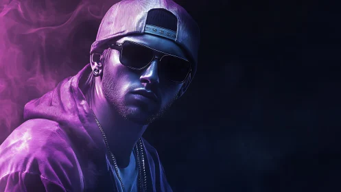 Male figure in cap and hoodie under purple side lighting.