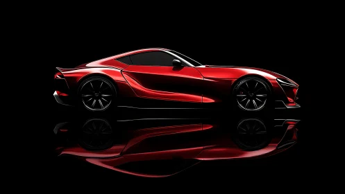 Red sports coupe rendered in profile against black background