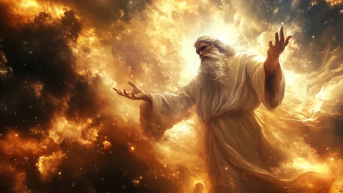 Radiant celestial figure commands swirling cosmic light.