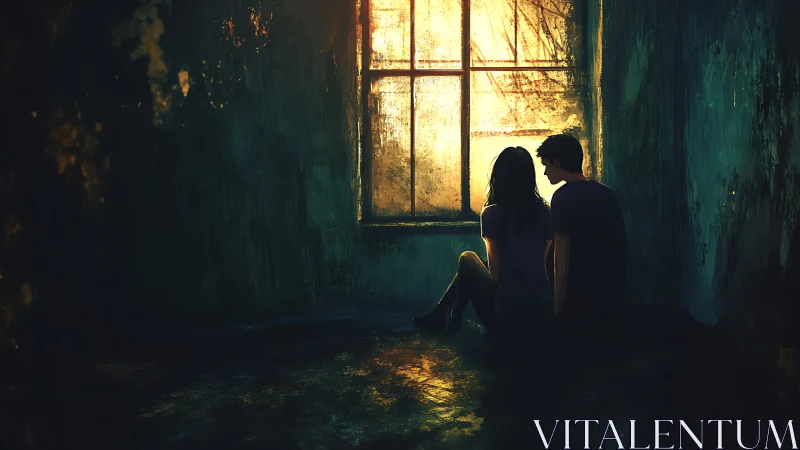 Two Figures in Decayed Interior Space with Golden Window Light.