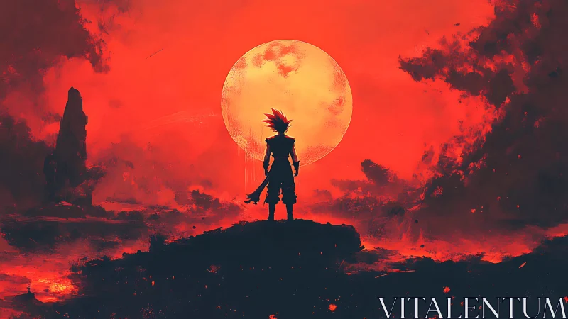 Silhouetted warrior studies a colossal moon in crimson sky
