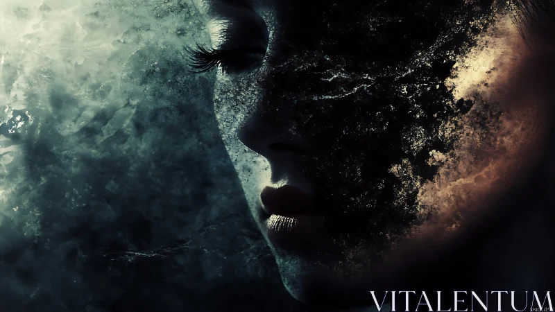 Shattered female portrait dissolves into cosmic darkness