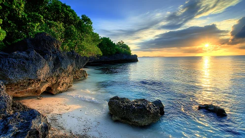 Tropical Coastal Sunset Over Rocky Island Shores