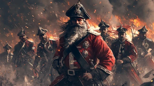 Digital painting of battle-hardened redcoat commander in flames.