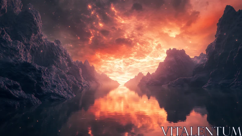 Stellar-lit alien canyon lake under incendiary red nebula sky