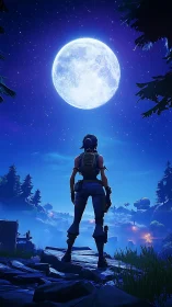 Silhouetted game character stands beneath a large full moon