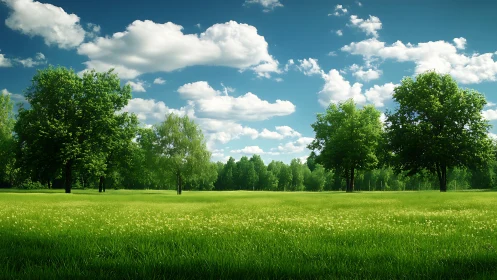 Grassy meadow with scattered deciduous trees under clouds.