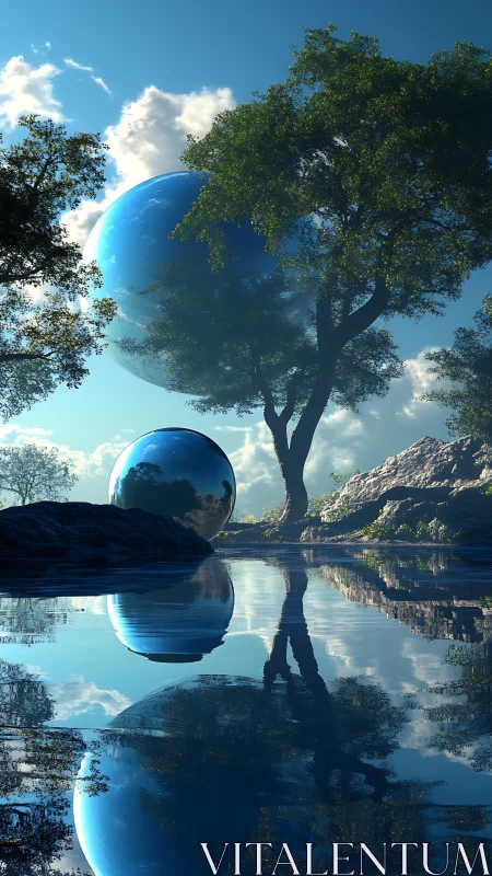Reflective blue spheres hover over tranquil forest water.