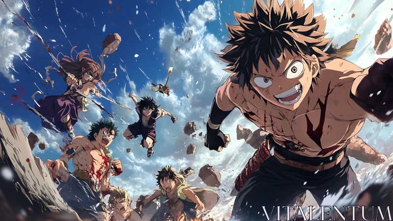Fierce anime heroes charge forward in a sky‑shattering battle