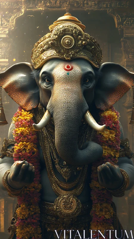 Ornate Ganesha deity rendered in hyper-detailed digital lighting