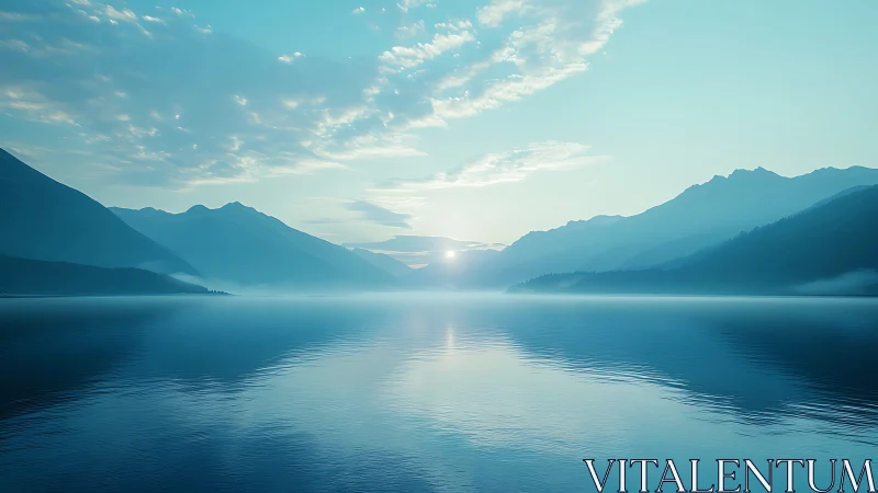 Silken dawn unravels over mist-soft mountains and glasswater.