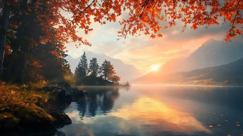 Autumn mountainside lake glows in soft golden sunrise light.