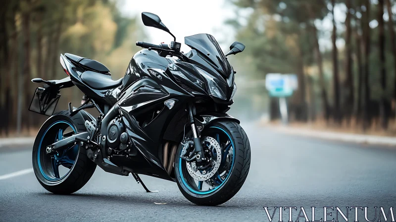 Sport motorcycle stands on empty forest road in daylight