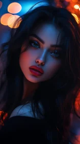 Neon bokeh portrait with dual-tone rim lighting and glossy lips.