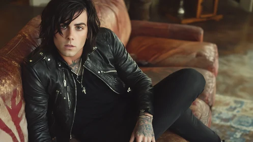 Brooding leather-clad rocker sprawled on a worn sofa.