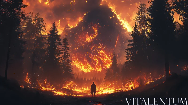 Lone Figure Stands Against Massive Forest Inferno.