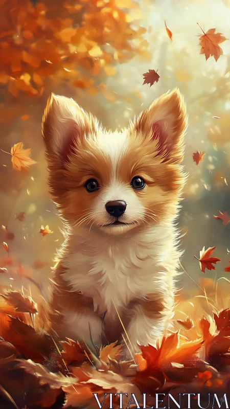 Cute corgi puppy sitting in bright autumn leaves outdoors.