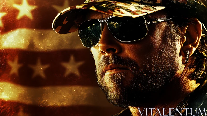 Bearded man in sunglasses before stylized US flag backdrop.