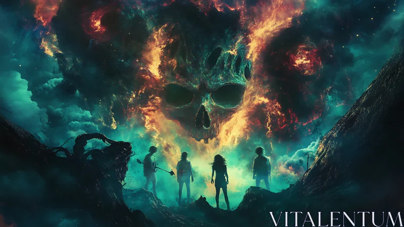 Four silhouetted figures beneath fiery cosmic skull shape.