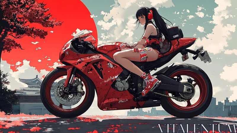 Red sport motorcycle with rider before stylized city sunset.