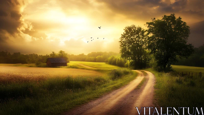 Sunlit country dirt road winding through rural farmland.