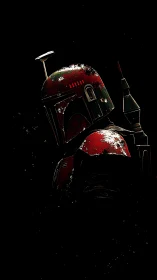 Graphic silhouette of weathered sci‑fi armor in deep void.