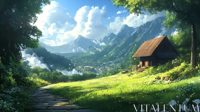 Mountain meadow landscape with wooden cabin and village