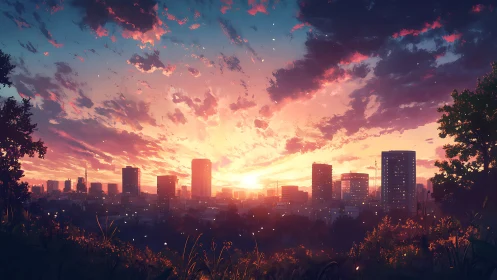 City skyline silhouettes under intense digital sunset light