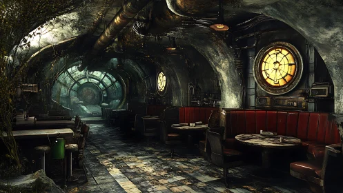 Post-apocalyptic submarine diner rendered in moody digital detail