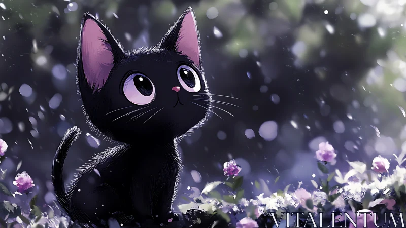 Curious black kitten watching soft evening snowfall in bloom.
