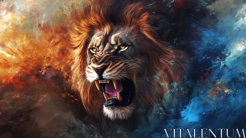 Roaring lion head rendered in high-contrast fire and ice palette