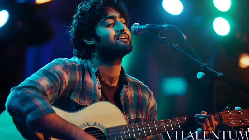 Male guitarist performing onstage with microphone setup.