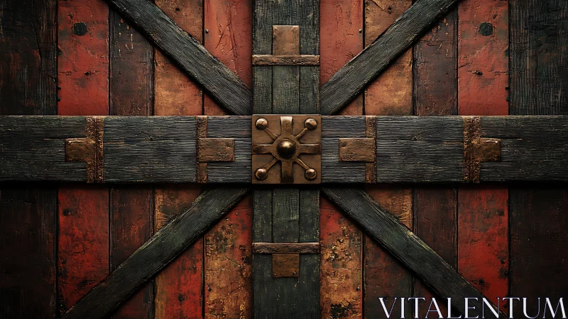 Weathered wooden door with metal cross braces and lock.