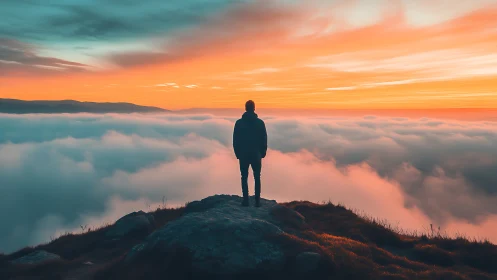 Lone dreamer surveys a pastel ocean of cloudlit sunrise