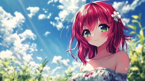 Summer-sky daydream girl with crimson hair and shy sunlight.