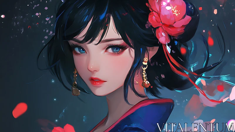 Digital painting portrait with floral accent and luminous bokeh.