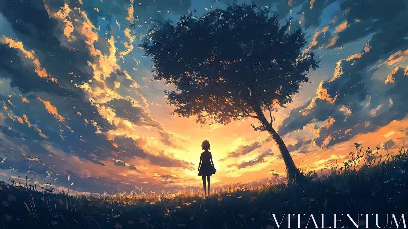 Silhouetted girl under lone tree against vivid sunset sky.