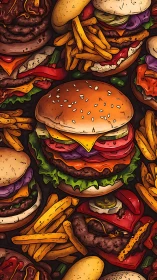 Layered hamburger and fries pattern uses bold outlines and tonal shading