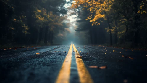Glistening autumn road lines vanishing into forest mist.