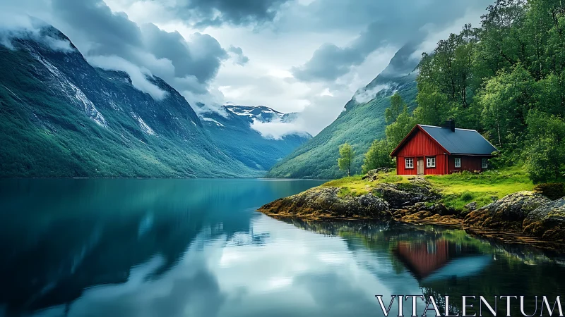 Mountain lake cabin glows beside mirrored Nordic waters.