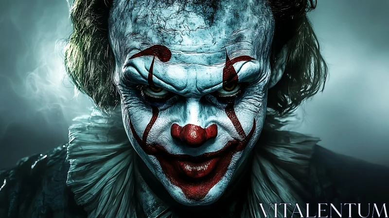 Sinister clown portrait with intense cinematic lighting.