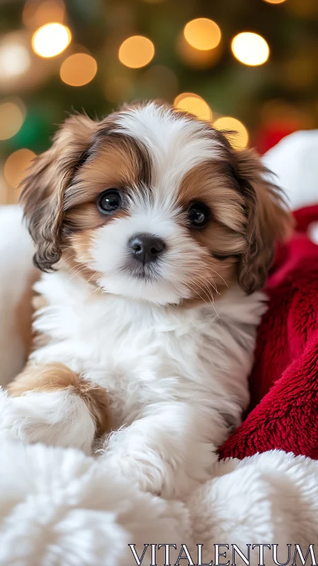 Vertical portrait of puppy on blankets with festive bokeh background.