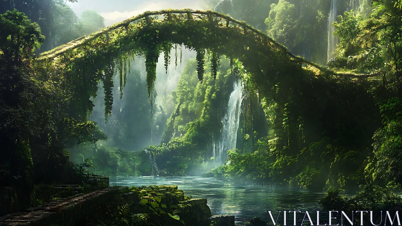 Ancient vine bridge over misty rainforest waterfall gorge.