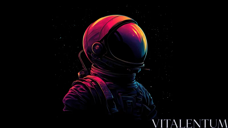 Neon-lit extravehicular suit portrait in deep space void