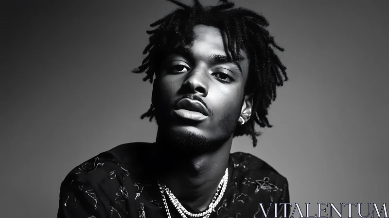Monochrome portrait captures confident man with jewelry
