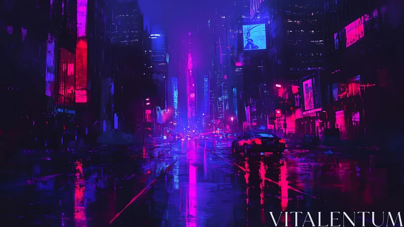 Neon drenched cyberpunk city street glows in midnight rain