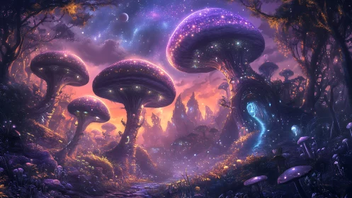 Starlit mushroom metropolis under a spellbound cosmic sky.